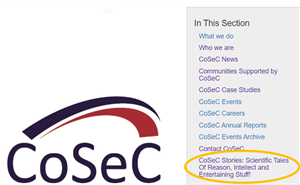 CoSec logo and highlighting new scientific tales section