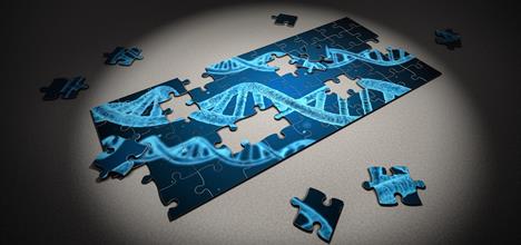 An unfinished jigsaw of a blue helix structure on a black background, under a spotlight.