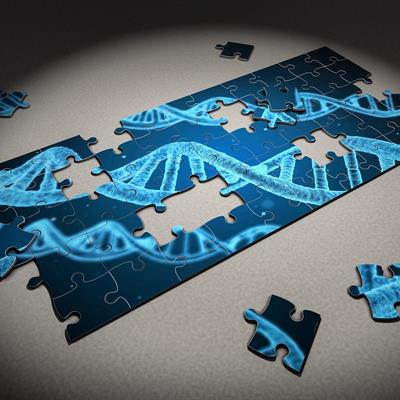 An unfinished jigsaw of a blue helix structure on a black background, under a spotlight.
