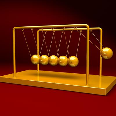 A Golden, computer generated Newton's cradle against a plain red background.