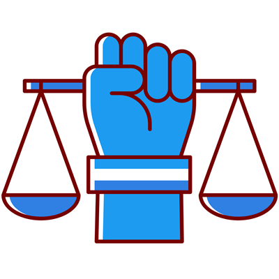 Icon of hand holding balancing scales representing Equality, Diversity and Inclusivity