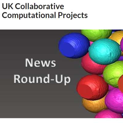 Grey background, colourful spheres on right hand side and words stating 'News Round-Up'