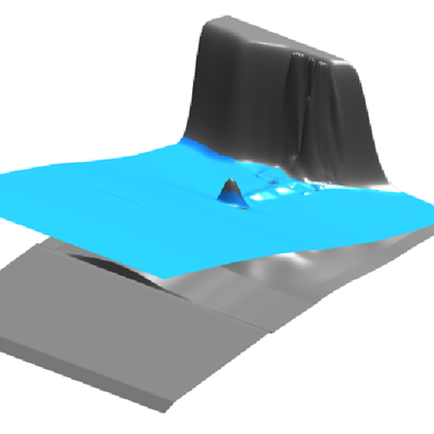 Snapshot of simulation showing water flow approaching a beach with a complex profile