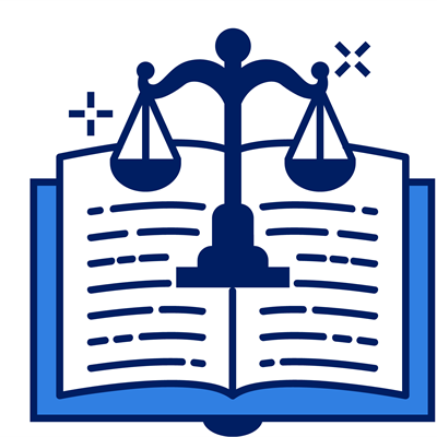 Icon of balancing scales on top of an open book representing Governance