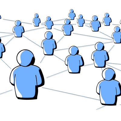 blue figures connected by lines to indicate a network of people